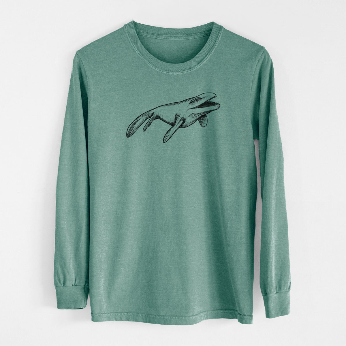 Pine green Comfort Colors long sleeve shirt laid flat, printed with a black ink illustration of a Mosasaur swimming.