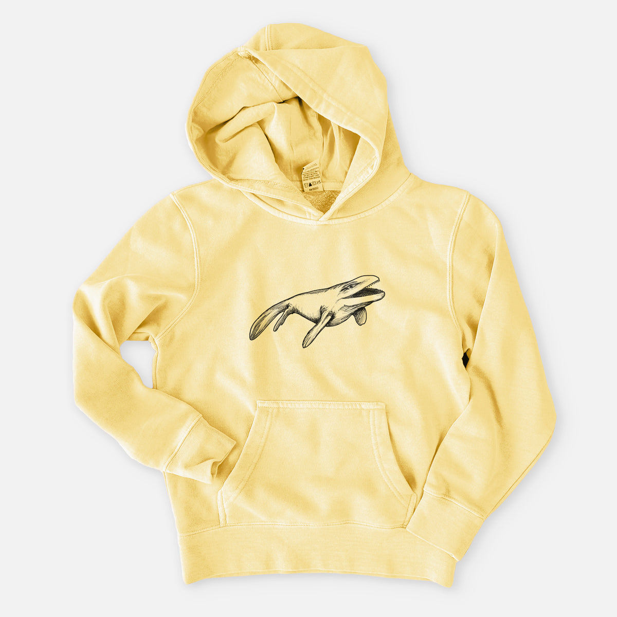 Pigment yellow youth pigment dyed hoodie laid flat, printed with a black ink illustration of a Mosasaur swimming.