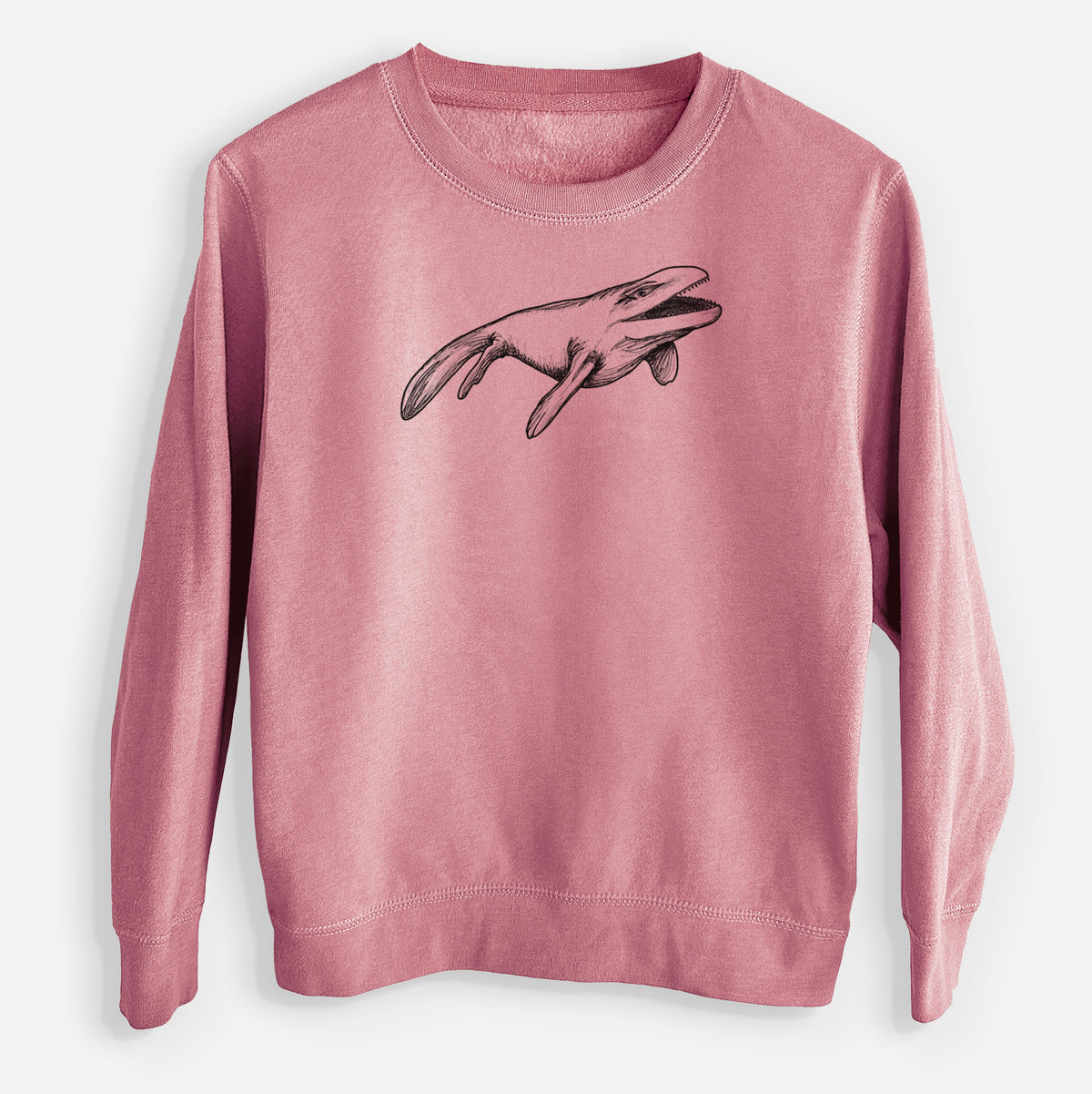 Mauve pink youth crewneck sweatshirt laid flat, printed with a black ink illustration of a Mosasaur swimming.
