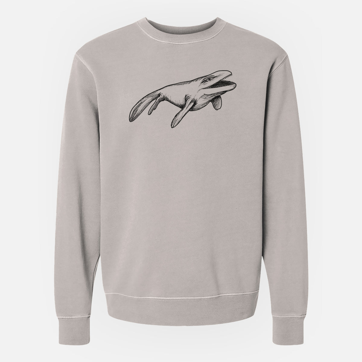 Cement grey pigment dyed crewneck sweatshirt laid flat, printed with a black ink illustration of a Mosasaur swimming.