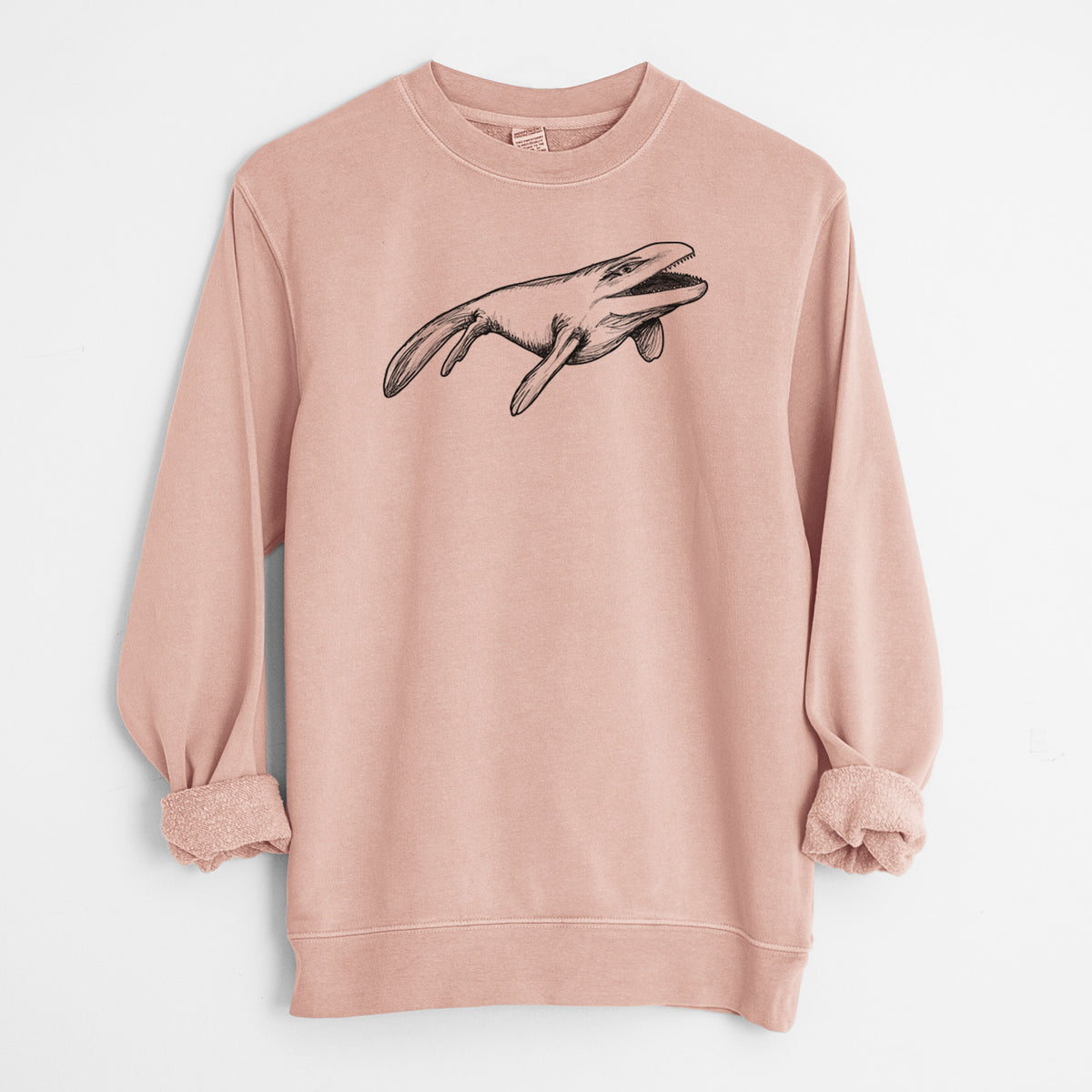 Dusty pink pigment dyed crewneck sweatshirt laid flat with the sleeves rolled, printed with a black ink illustration of a Mosasaur swimming.