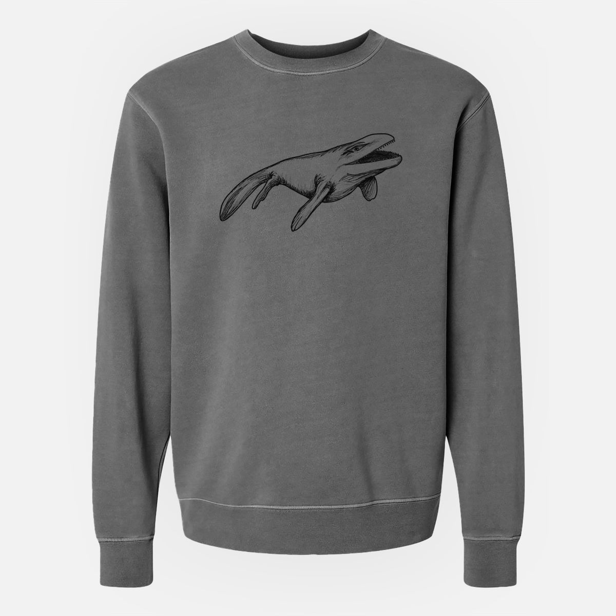 Faded black pigment dyed crewneck sweatshirt laid flat, printed with a black ink illustration of a Mosasaur swimming.