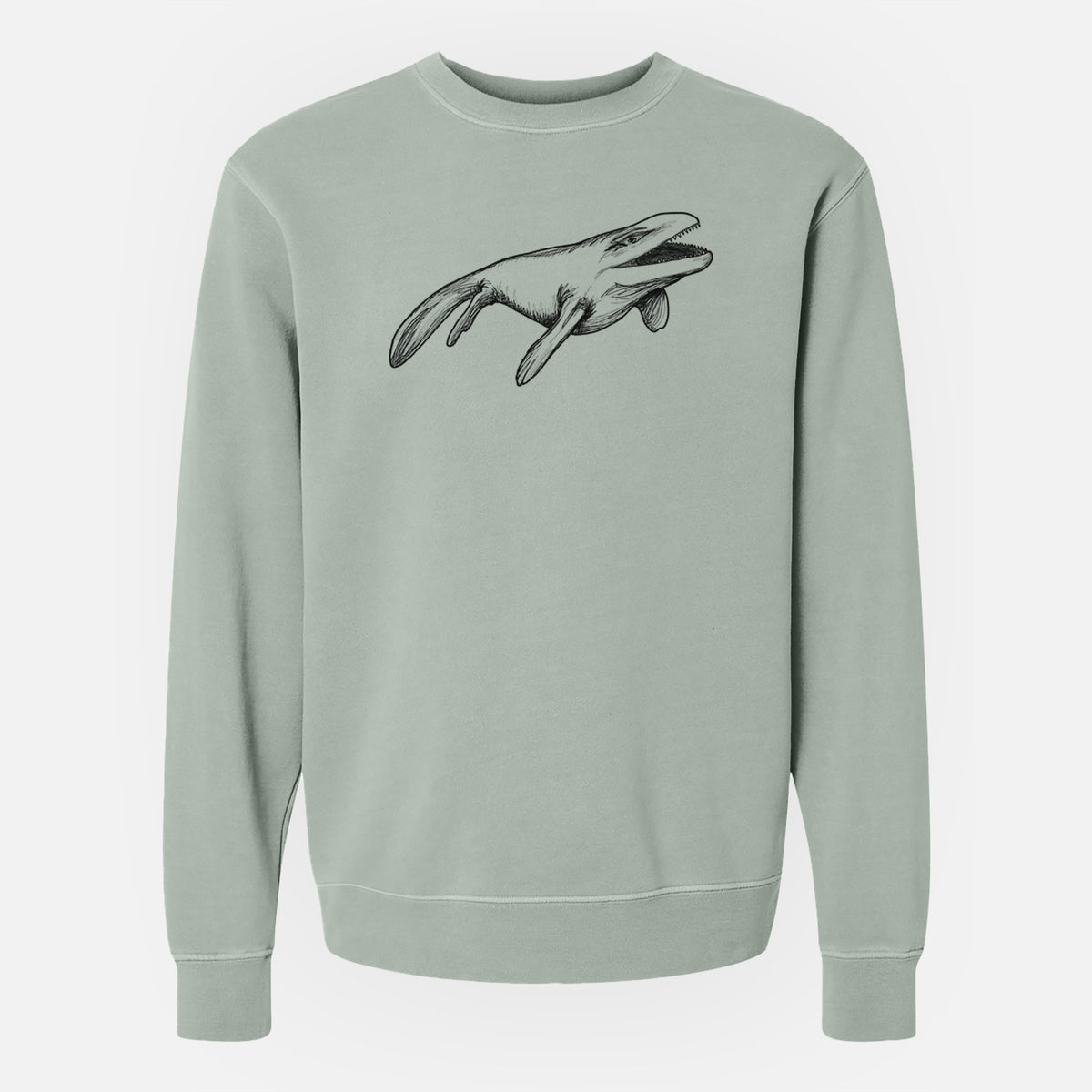Sage green pigment dyed crewneck sweatshirt laid flat, printed with a black ink illustration of a Mosasaur swimming.