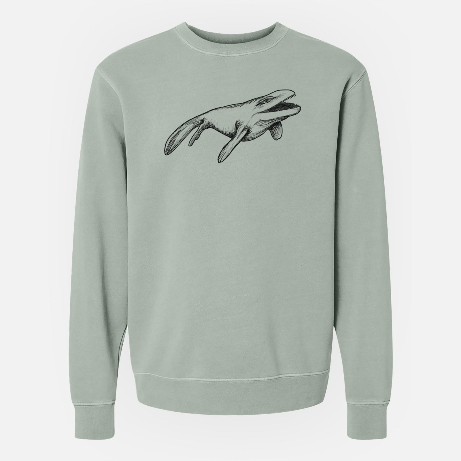 Sage green pigment dyed crewneck sweatshirt laid flat, printed with a black ink illustration of a Mosasaur swimming.