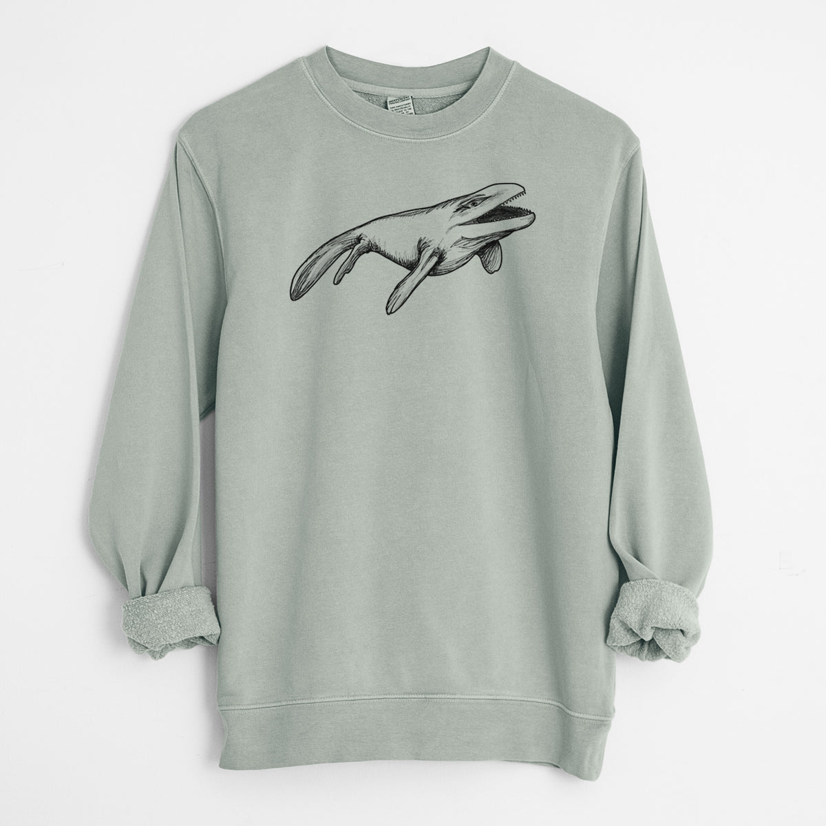 Sage green pigment dyed crewneck sweatshirt laid flat with the sleeves rolled, printed with a black ink illustration of a Mosasaur swimming.