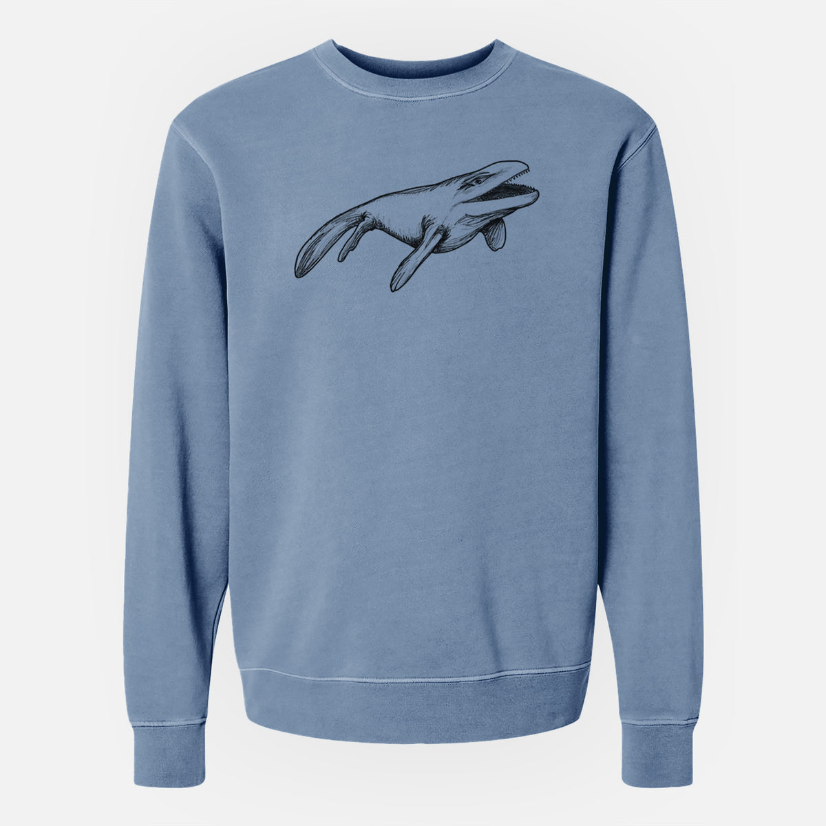 Slate blue pigment dyed crewneck sweatshirt laid flat, printed with a black ink illustration of a Mosasaur swimming.
