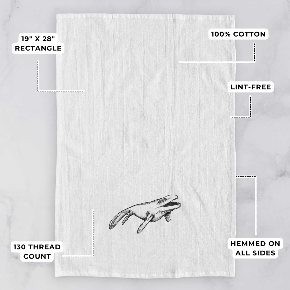 White tea towel printed with a black ink illustration of a Mosasaur swimming, with feature labels: 19 by 28 inch rectangle, 100% cotton, lint-free, 130 thread count, hemmed on all sides.