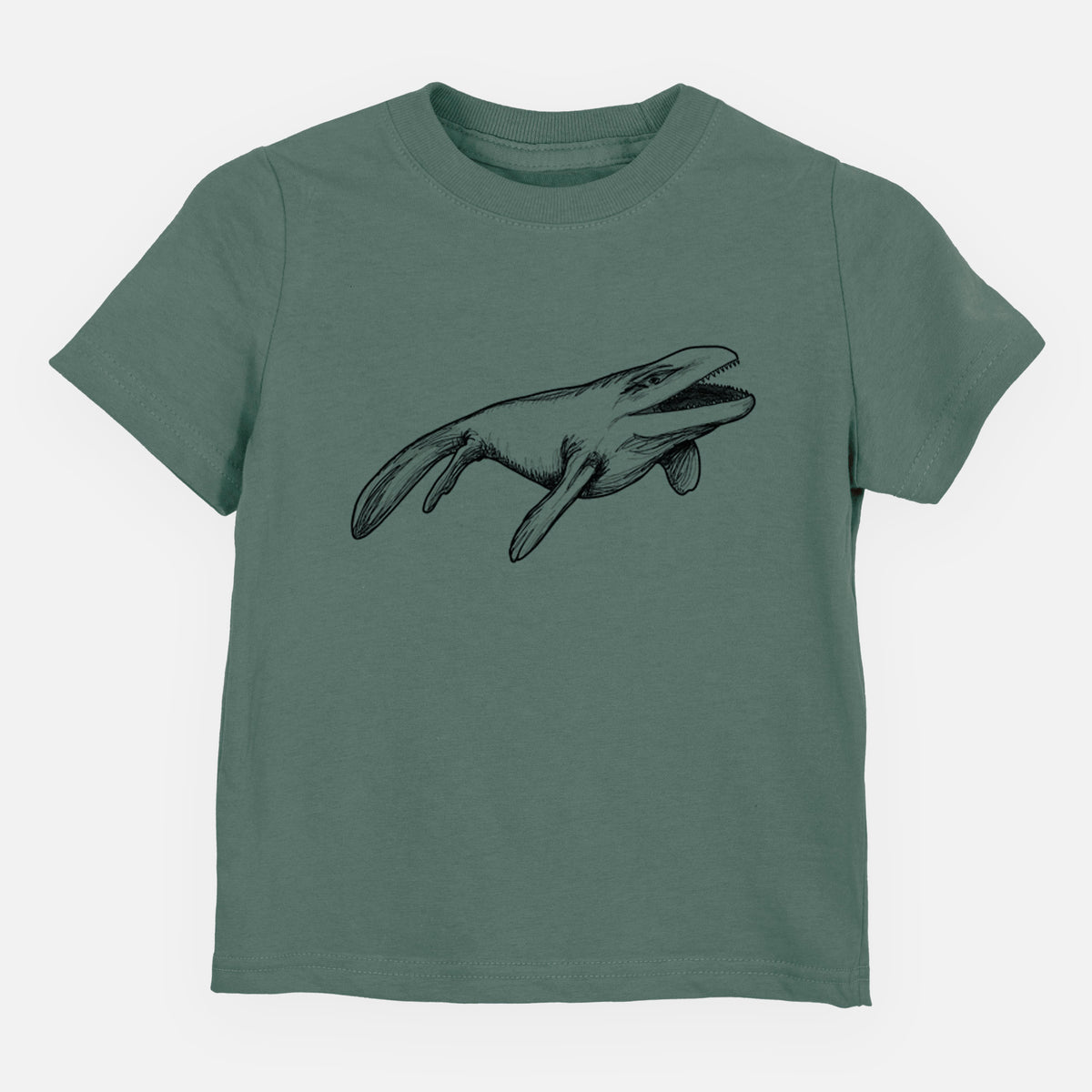 Basil green toddler t-shirt laid flat, printed with a black ink illustration of a Mosasaur swimming.