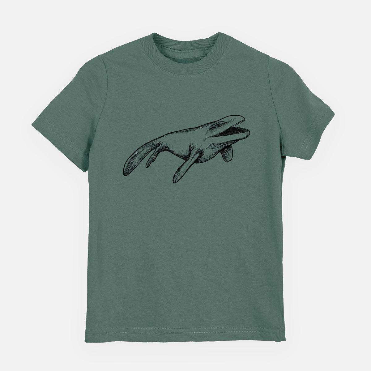 Basil green youth t-shirt laid flat, printed with a black ink illustration of a Mosasaur swimming.