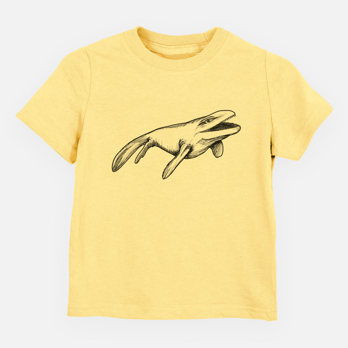 Butter yellow toddler t-shirt laid flat, printed with a black ink illustration of a Mosasaur swimming.