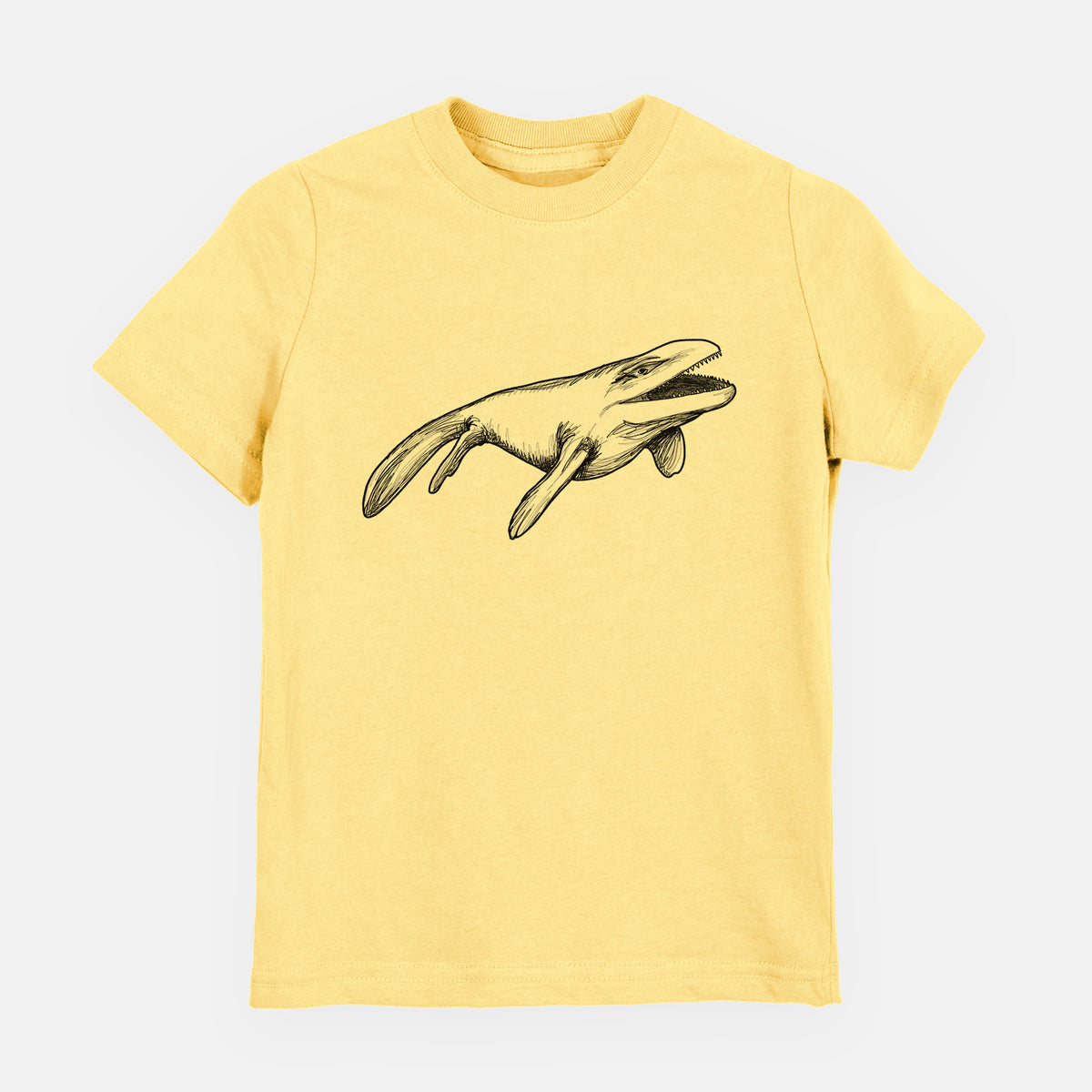 Butter yellow youth t-shirt laid flat, printed with a black ink illustration of a Mosasaur swimming.