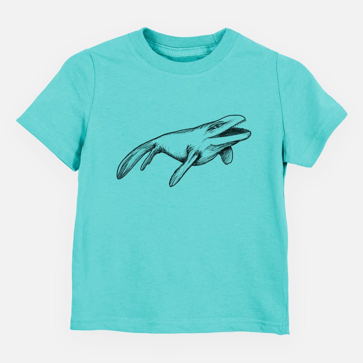 Caribbean blue toddler t-shirt laid flat, printed with a black ink illustration of a Mosasaur swimming.