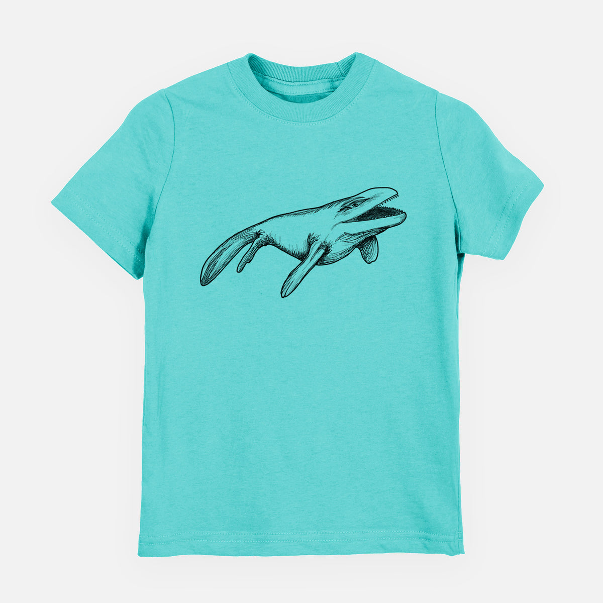 Caribbean blue youth t-shirt laid flat, printed with a black ink illustration of a Mosasaur swimming.