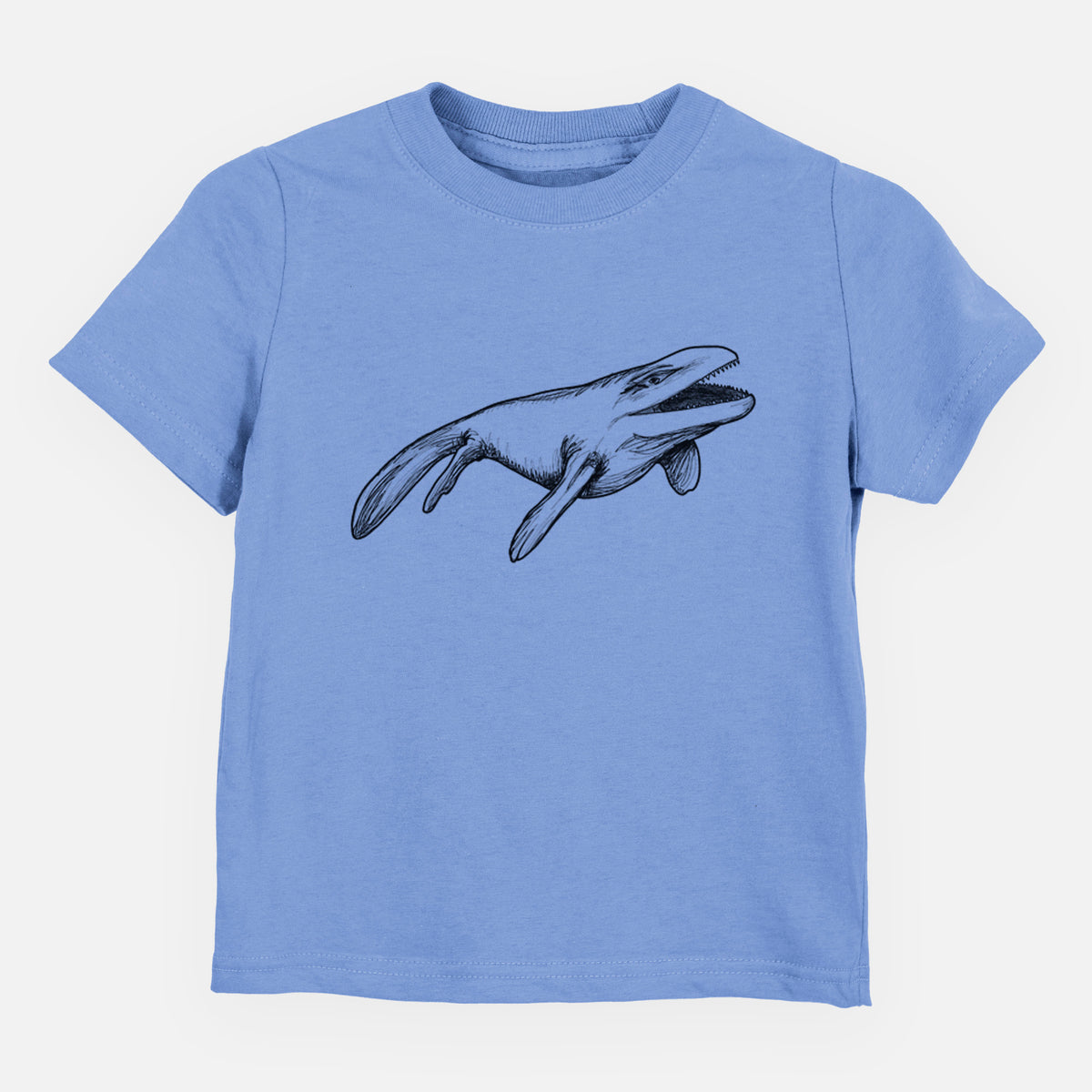 Carolina blue toddler t-shirt laid flat, printed with a black ink illustration of a Mosasaur swimming.