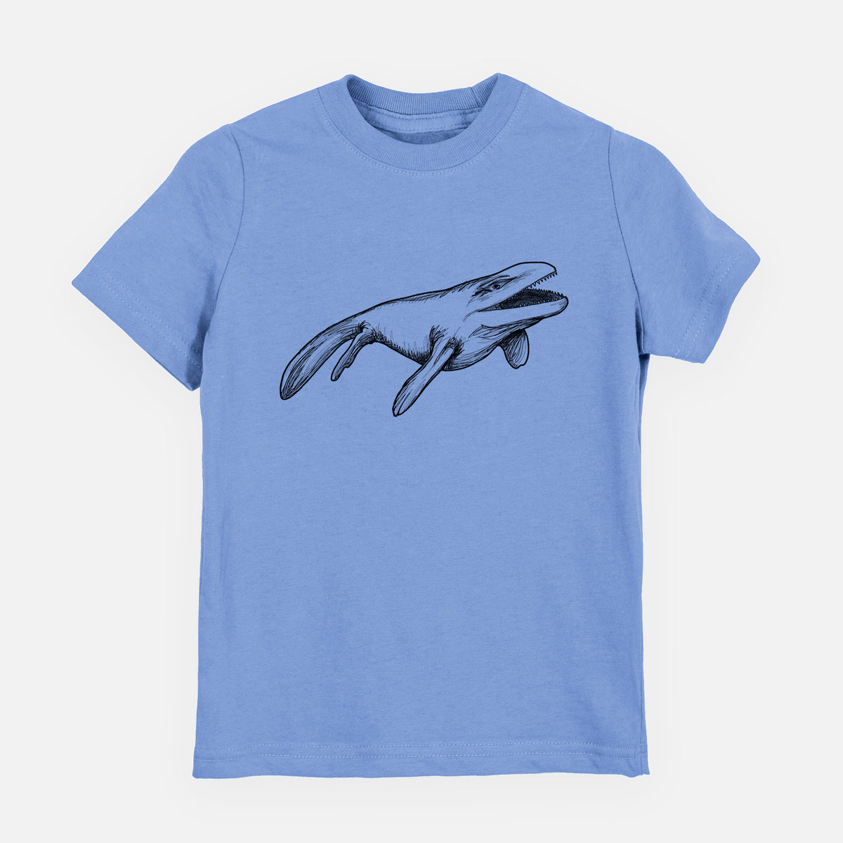 Carolina blue youth t-shirt laid flat, printed with a black ink illustration of a Mosasaur swimming.