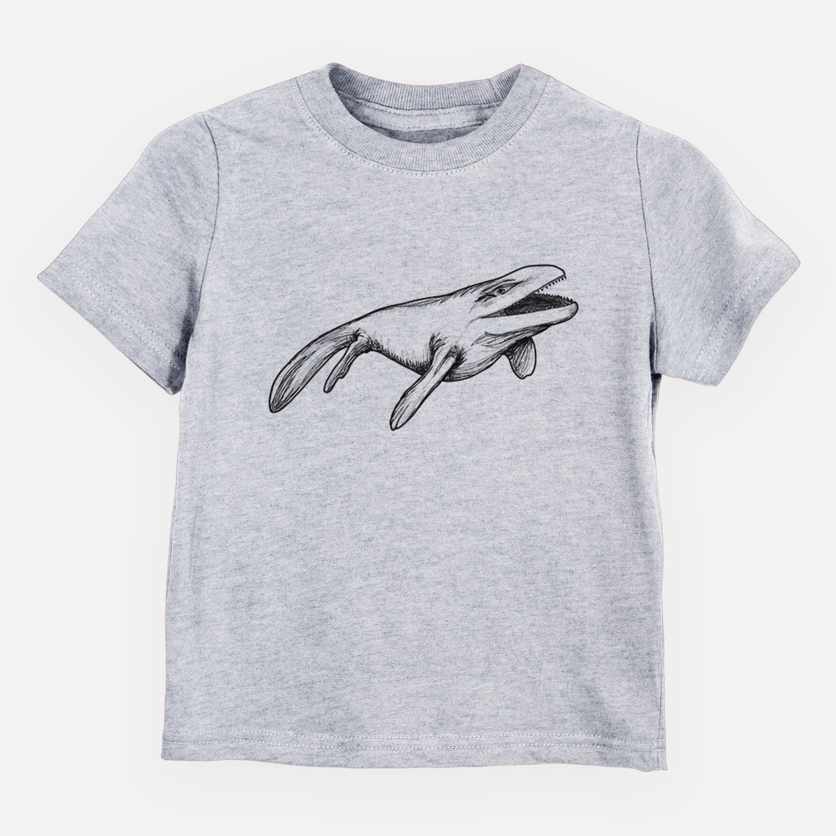 Heather grey toddler t-shirt laid flat, printed with a black ink illustration of a Mosasaur swimming.