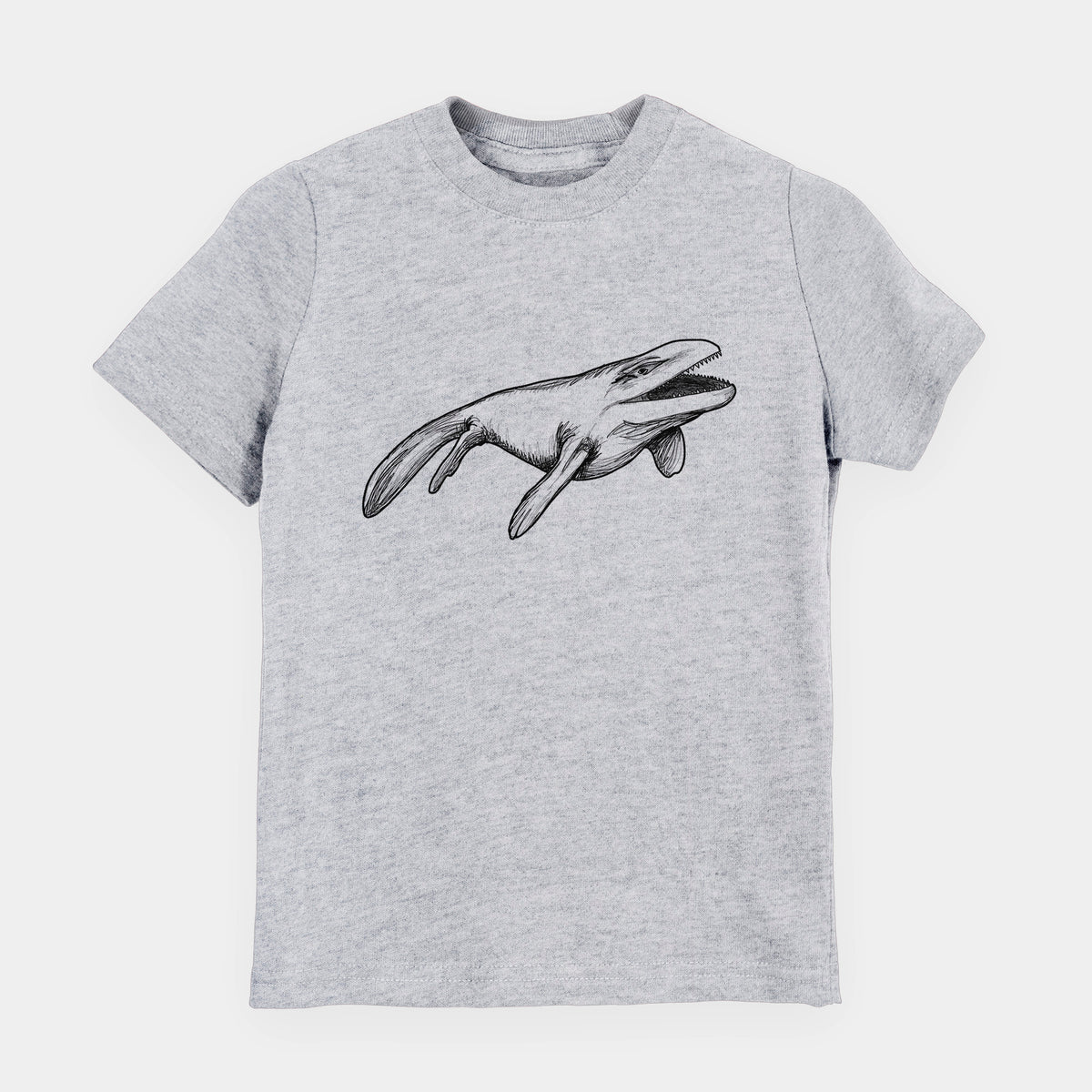 Heather grey youth t-shirt laid flat, printed with a black ink illustration of a Mosasaur swimming.