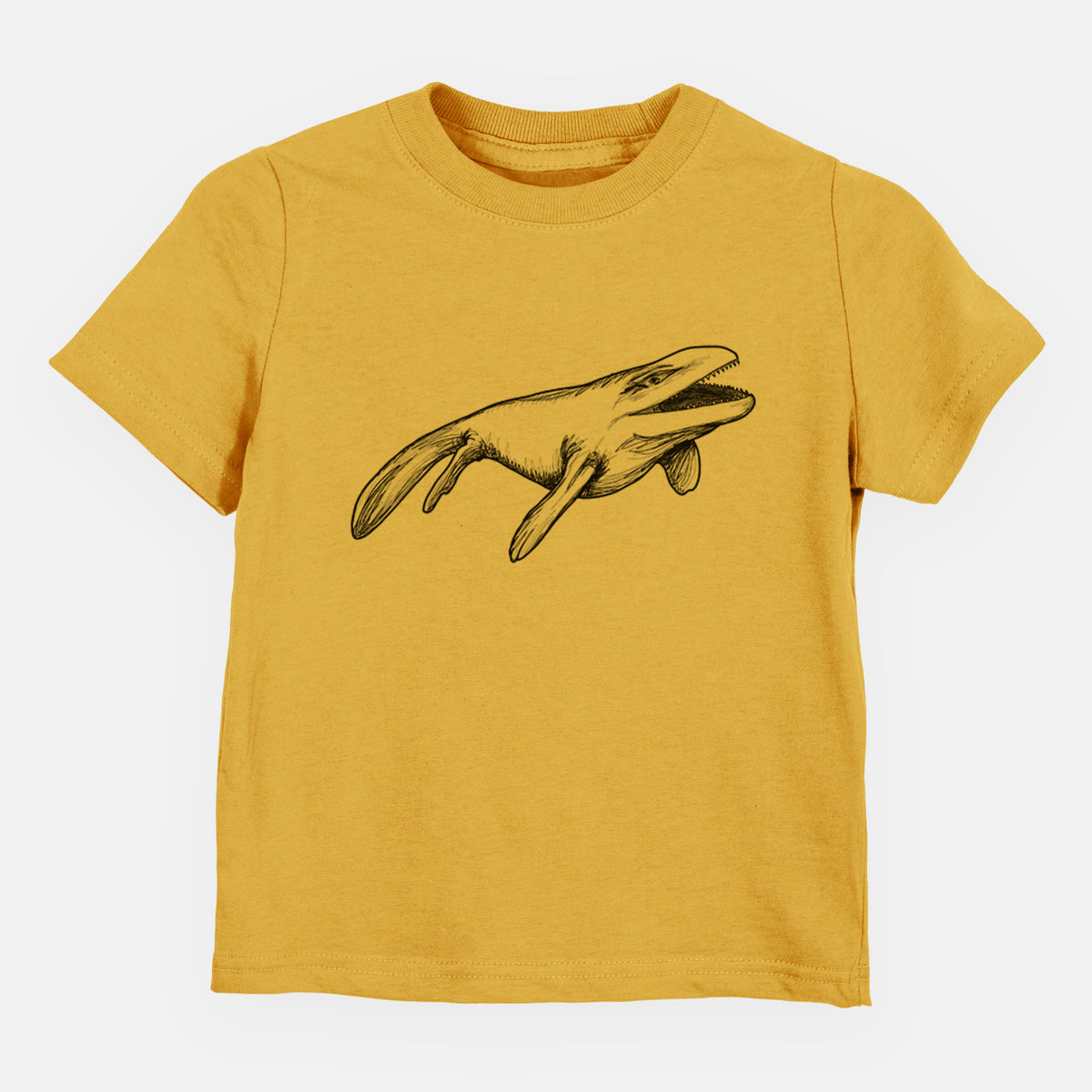Honeycomb yellow toddler t-shirt laid flat, printed with a black ink illustration of a Mosasaur swimming.