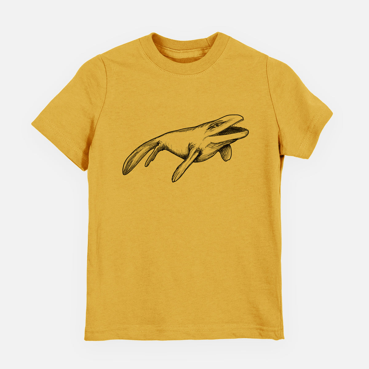 Honeycomb yellow youth t-shirt laid flat, printed with a black ink illustration of a Mosasaur swimming.