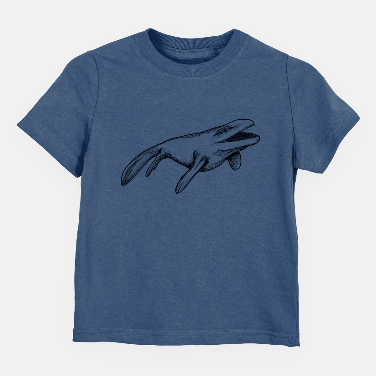 Indigo blue toddler t-shirt laid flat, printed with a black ink illustration of a Mosasaur swimming.