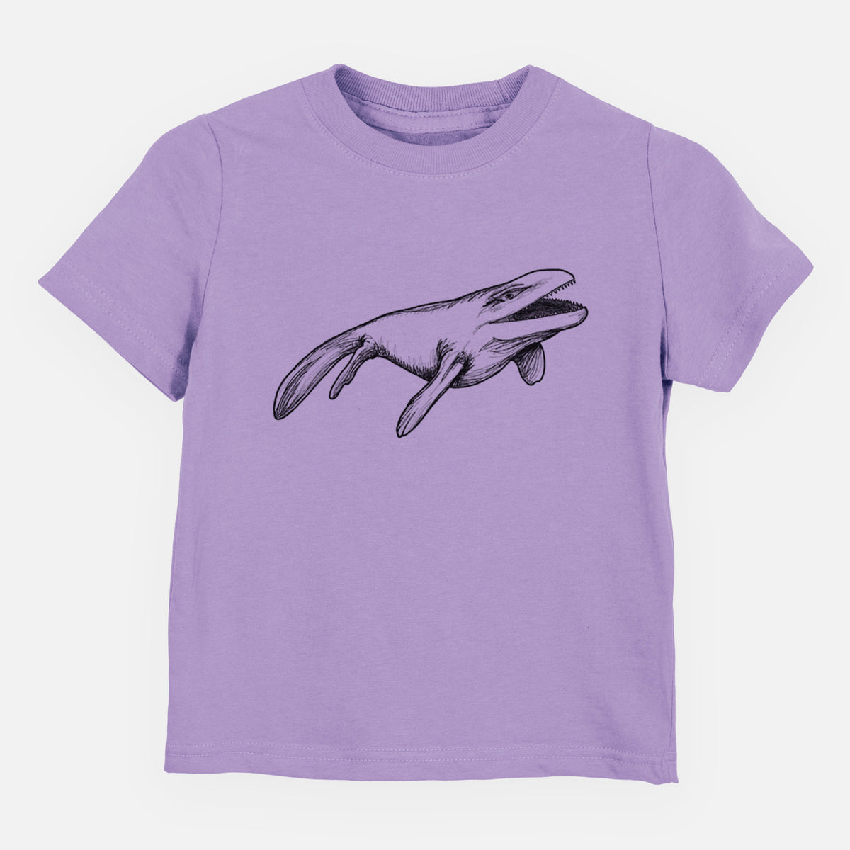 Lavender toddler t-shirt laid flat, printed with a black ink illustration of a Mosasaur swimming.