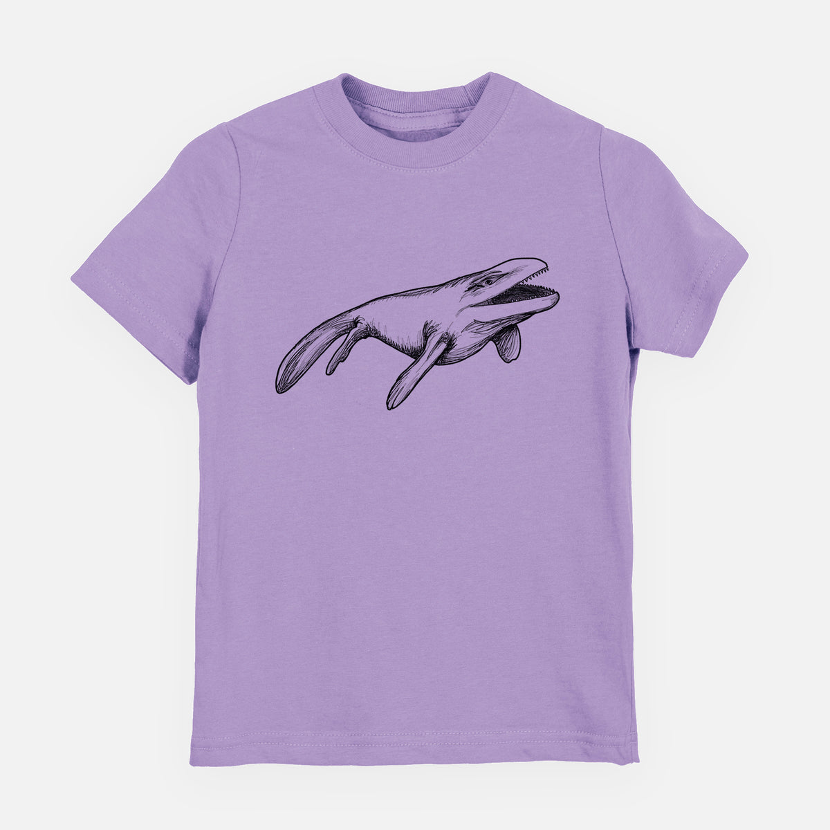Lavender youth t-shirt laid flat, printed with a black ink illustration of a Mosasaur swimming.