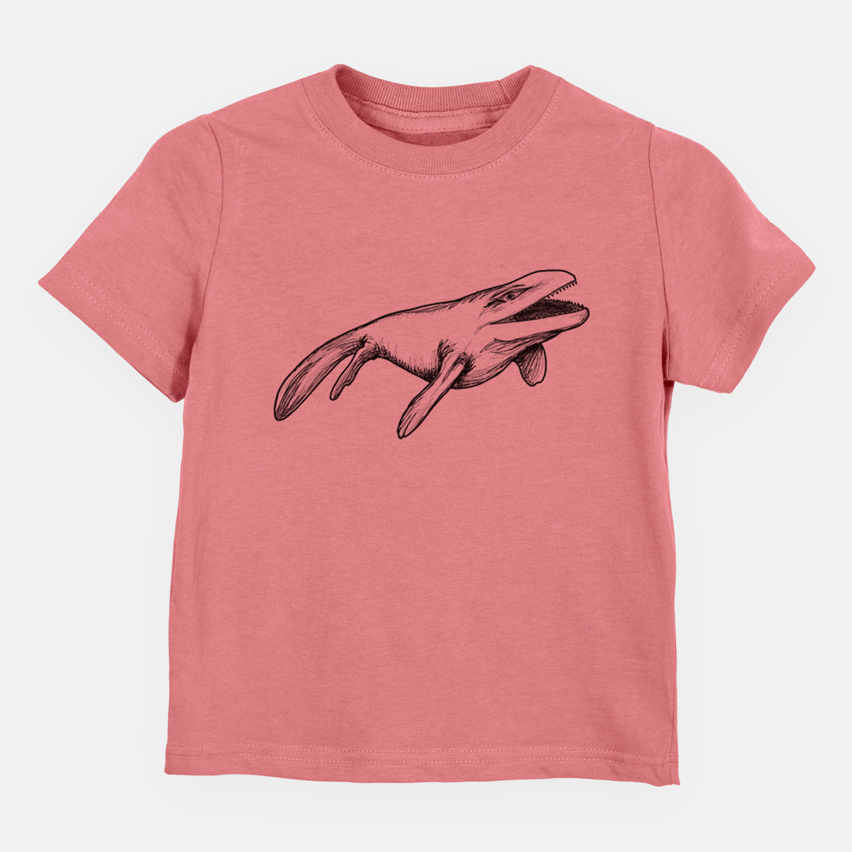 Mauve pink toddler t-shirt laid flat, printed with a black ink illustration of a Mosasaur swimming.