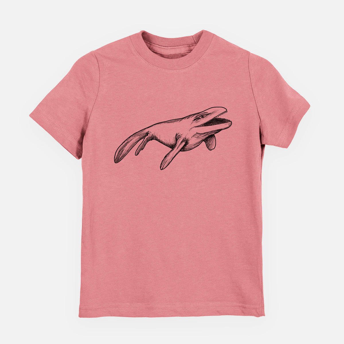 Mauve pink youth t-shirt laid flat, printed with a black ink illustration of a Mosasaur swimming.