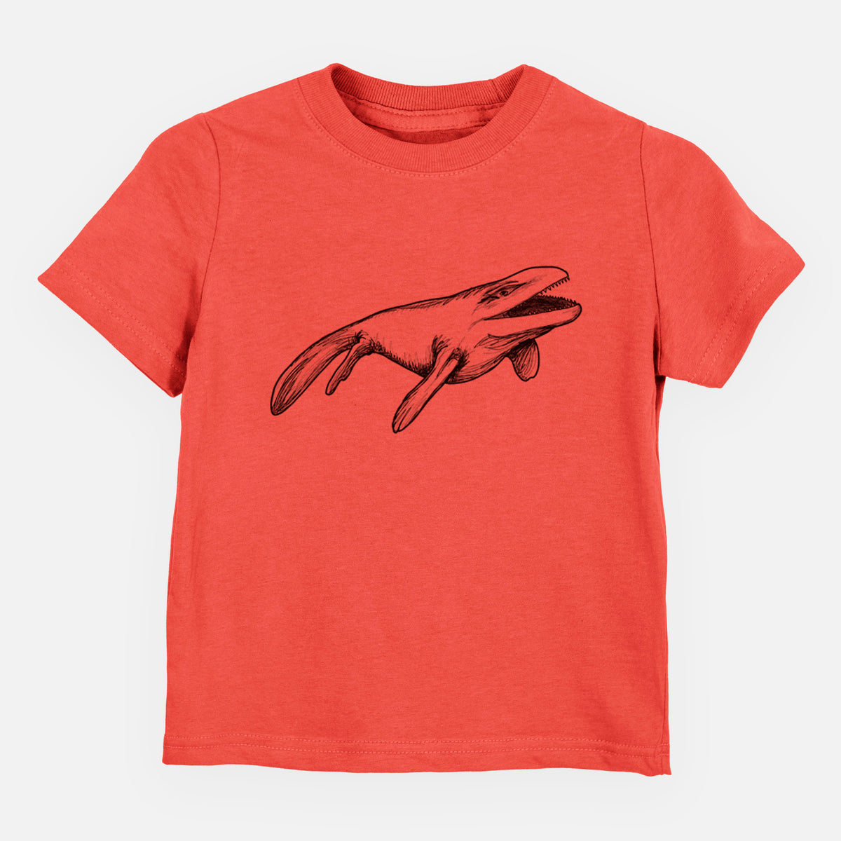 Passionfruit pink toddler t-shirt laid flat, printed with a black ink illustration of a Mosasaur swimming.