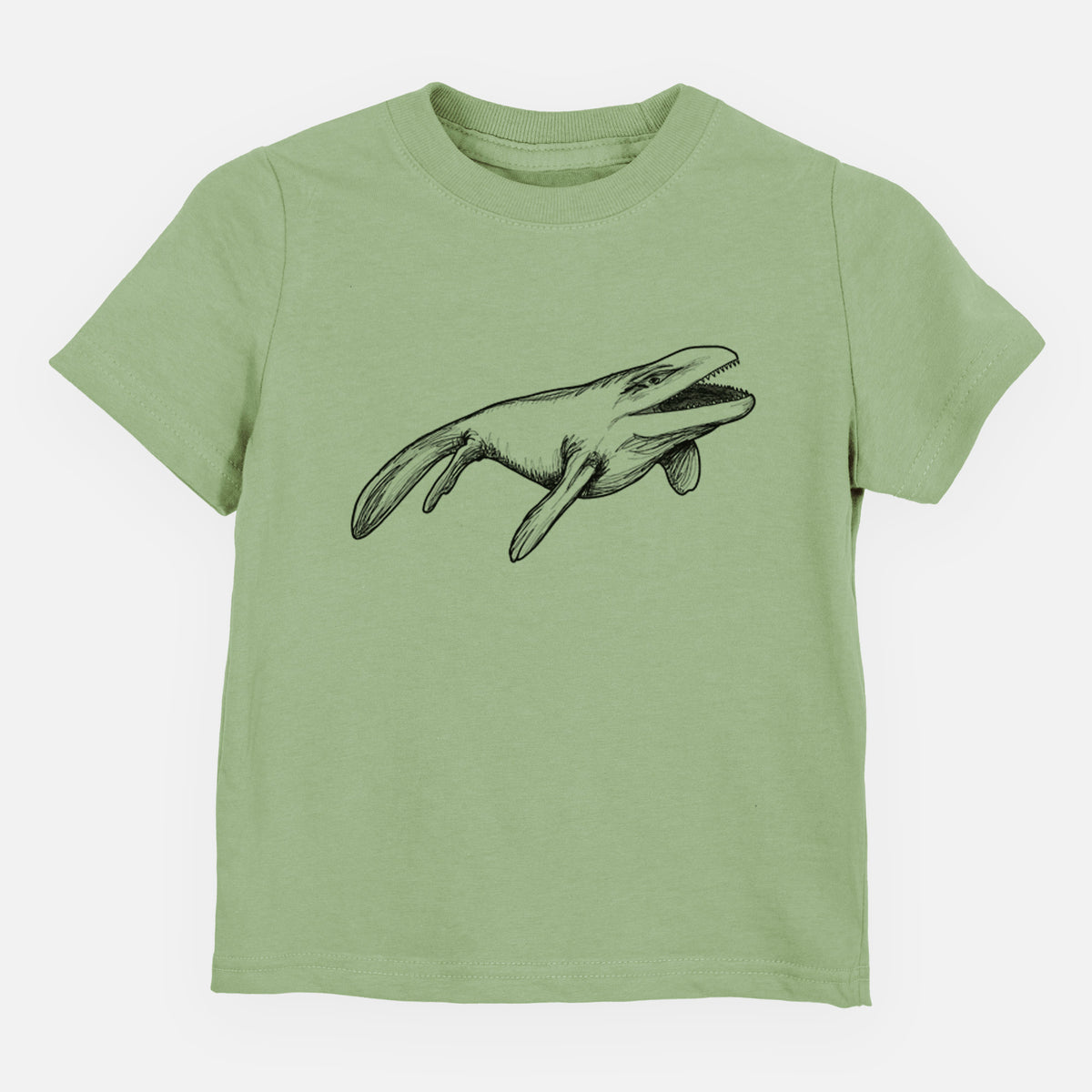 Sage green toddler t-shirt laid flat, printed with a black ink illustration of a Mosasaur swimming.