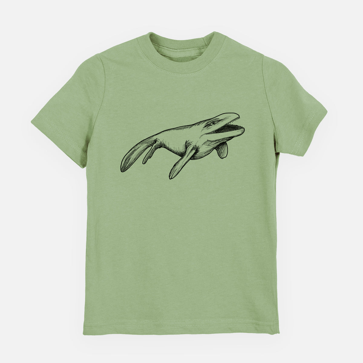 Sage green youth t-shirt laid flat, printed with a black ink illustration of a Mosasaur swimming.