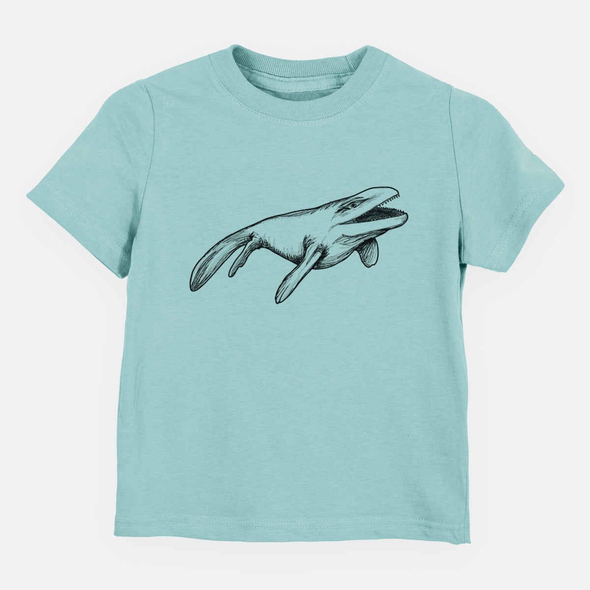 Saltwater toddler t-shirt laid flat, printed with a black ink illustration of a Mosasaur swimming.