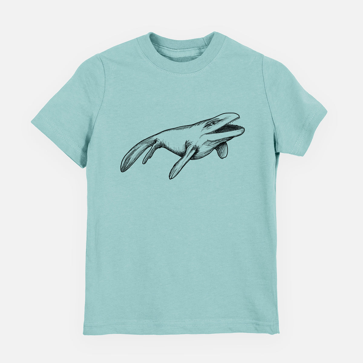 Saltwater youth t-shirt laid flat, printed with a black ink illustration of a Mosasaur swimming.
