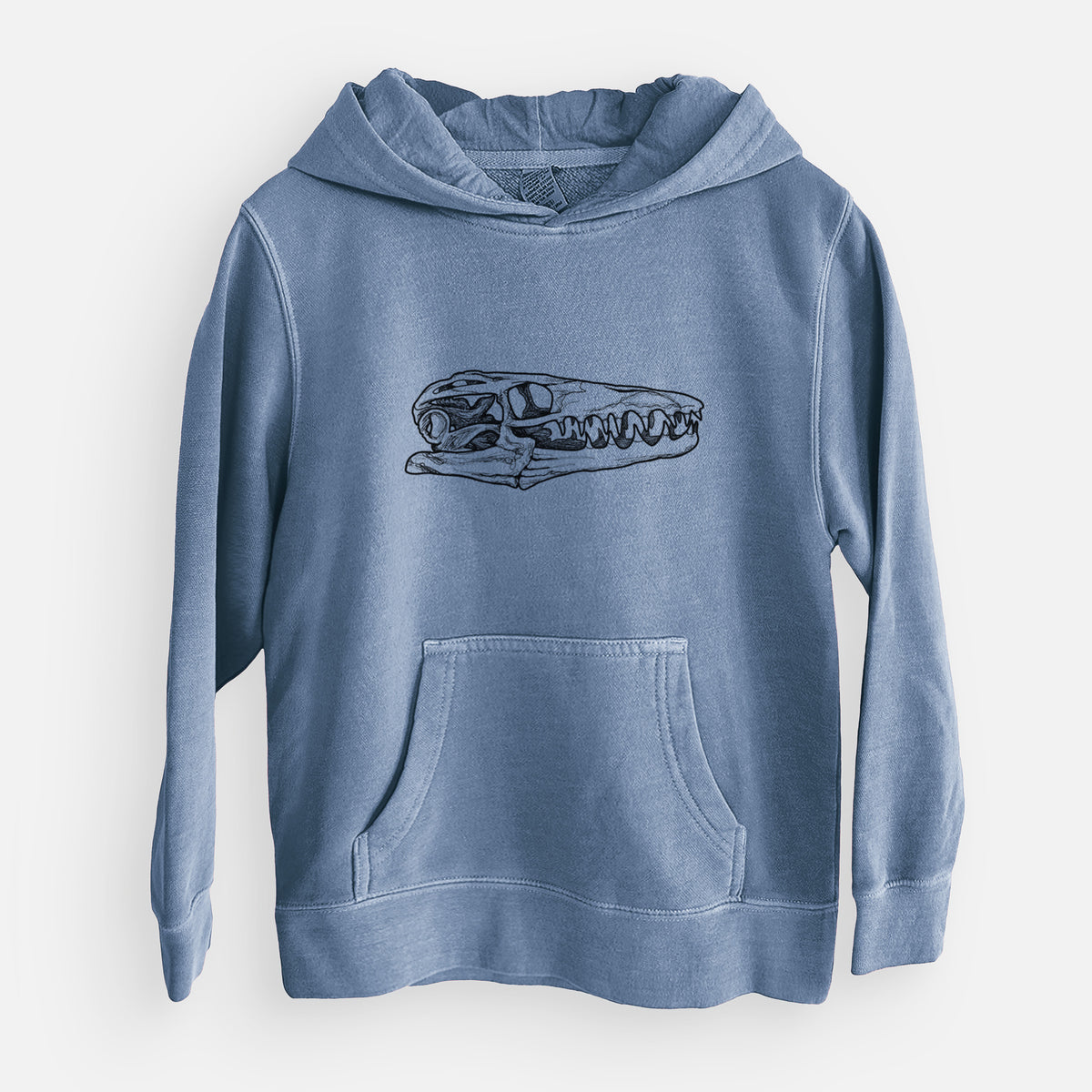Slate blue youth pigment dyed hoodie laid flat, printed with a detailed black ink illustration of a Mosasaur skull.