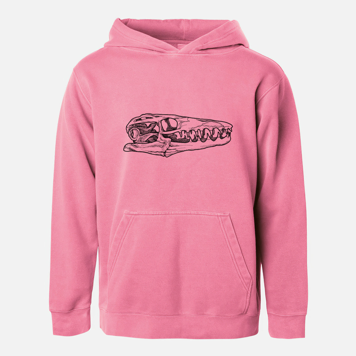 Pigment pink youth pigment dyed hoodie laid flat, printed with a detailed black ink illustration of a Mosasaur skull.
