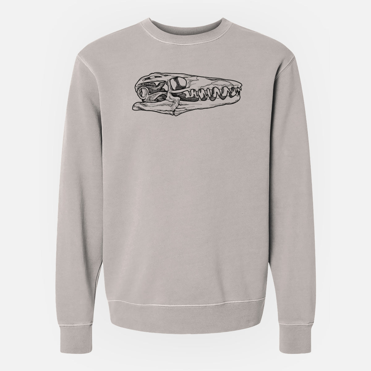 Cement grey pigment dyed crewneck sweatshirt laid flat, printed with a detailed black ink illustration of a Mosasaur skull.