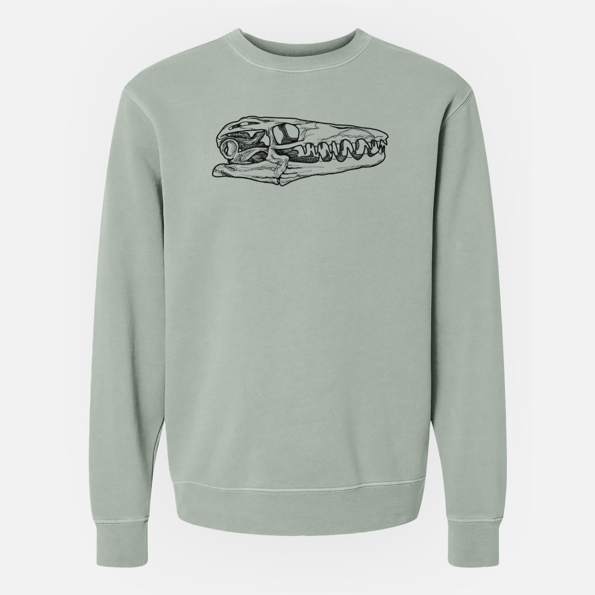 Sage green pigment dyed crewneck sweatshirt laid flat, printed with a detailed black ink illustration of a Mosasaur skull.