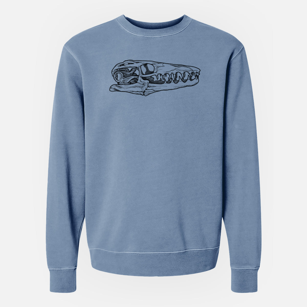 Slate blue pigment dyed crewneck sweatshirt laid flat, printed with a detailed black ink illustration of a Mosasaur skull.