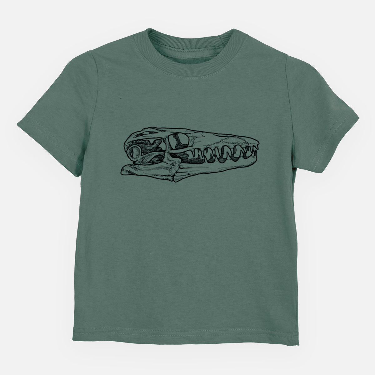 Basil green toddler t-shirt laid flat, printed with a detailed black ink illustration of a Mosasaur skull.