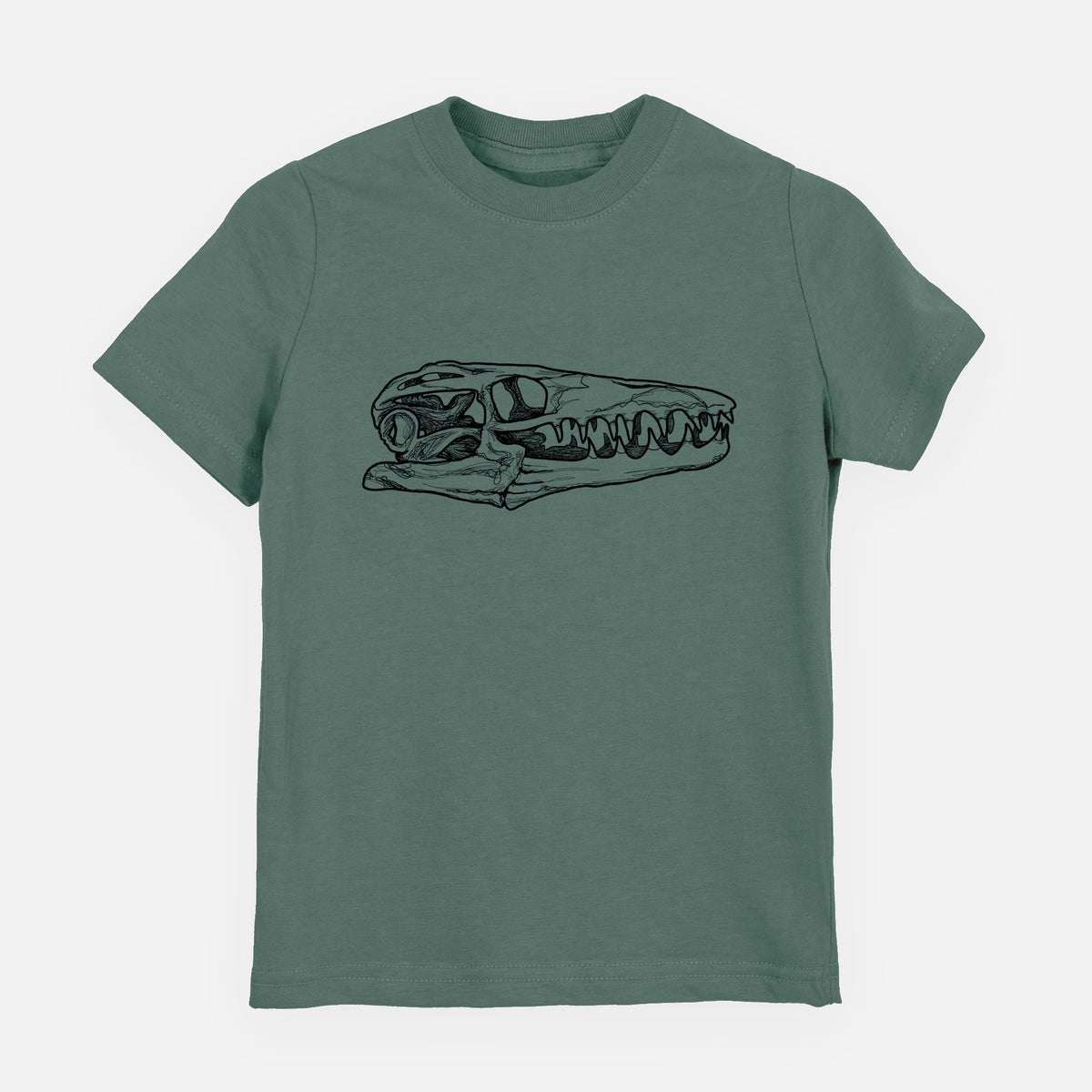 Basil green youth t-shirt laid flat, printed with a detailed black ink illustration of a Mosasaur skull.