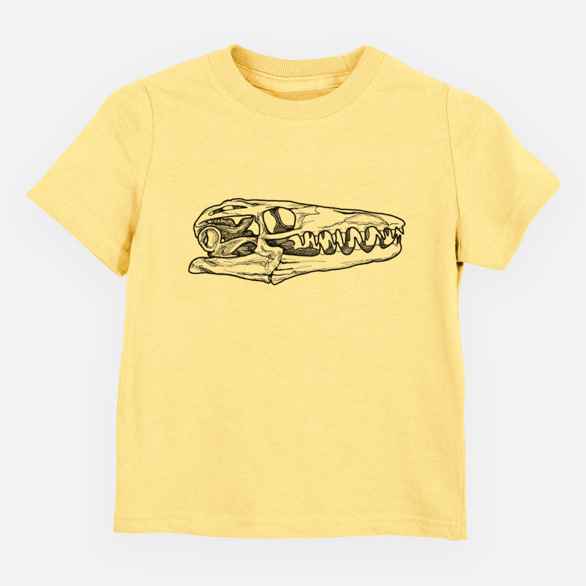 Butter yellow toddler t-shirt laid flat, printed with a detailed black ink illustration of a Mosasaur skull.