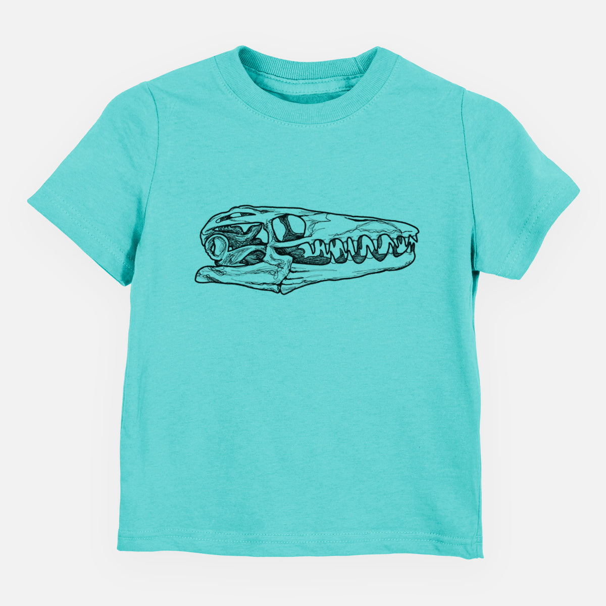 Caribbean blue toddler t-shirt laid flat, printed with a detailed black ink illustration of a Mosasaur skull.