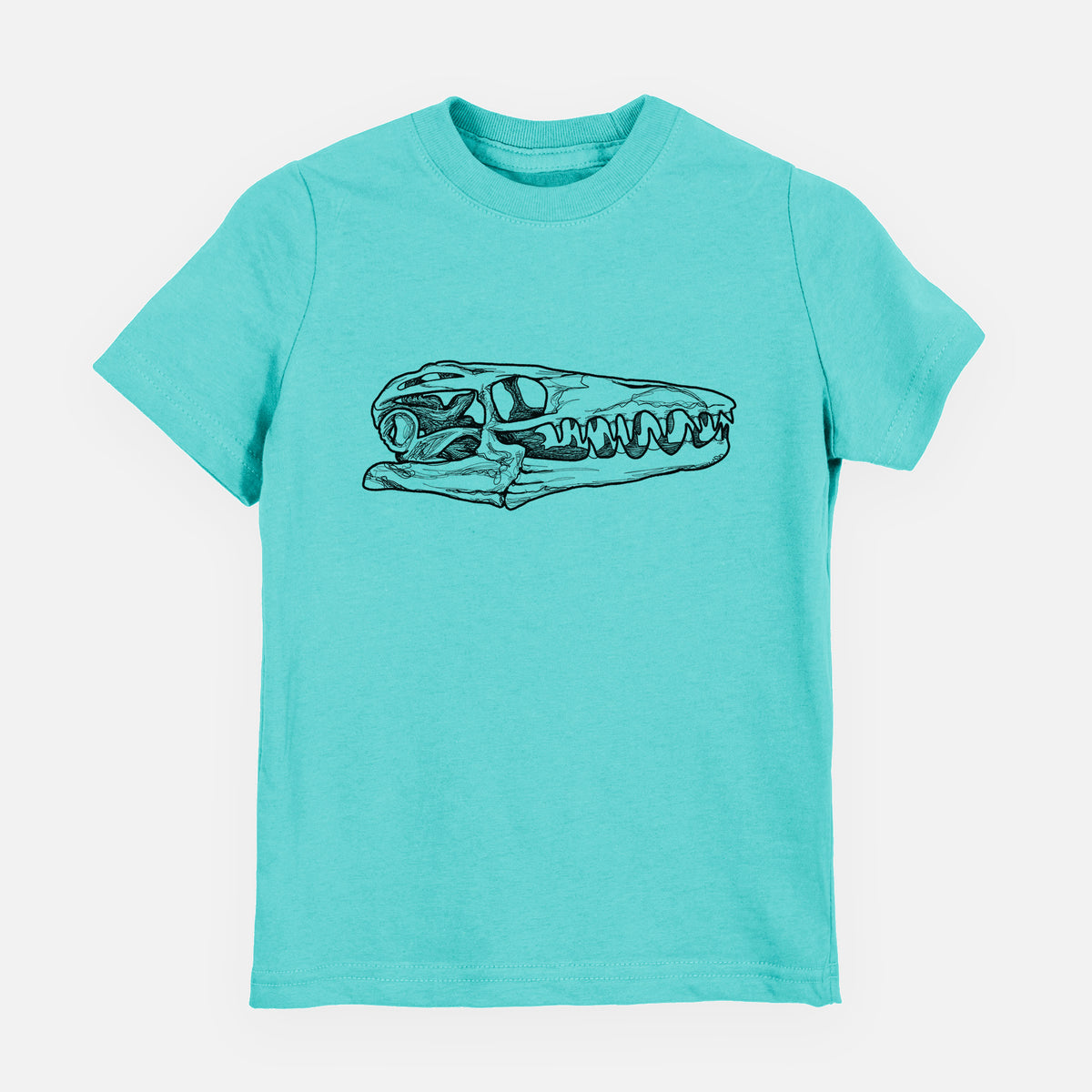 Caribbean blue youth t-shirt laid flat, printed with a detailed black ink illustration of a Mosasaur skull.