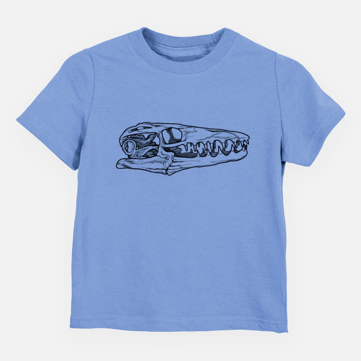 Carolina blue toddler t-shirt laid flat, printed with a detailed black ink illustration of a Mosasaur skull.