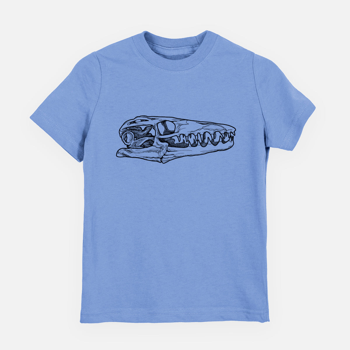 Carolina blue youth t-shirt laid flat, printed with a detailed black ink illustration of a Mosasaur skull.