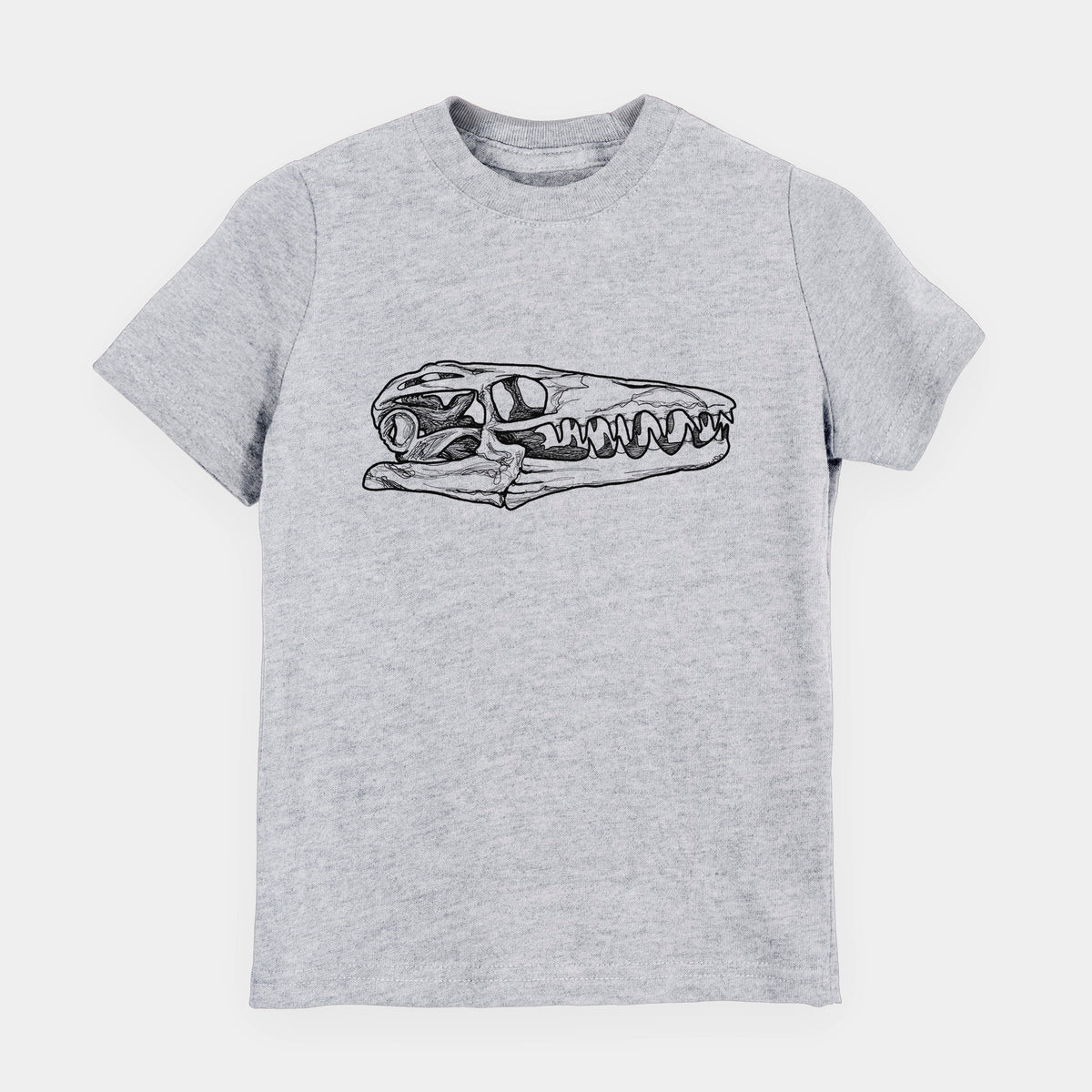 Heather grey youth t-shirt laid flat, printed with a detailed black ink illustration of a Mosasaur skull.