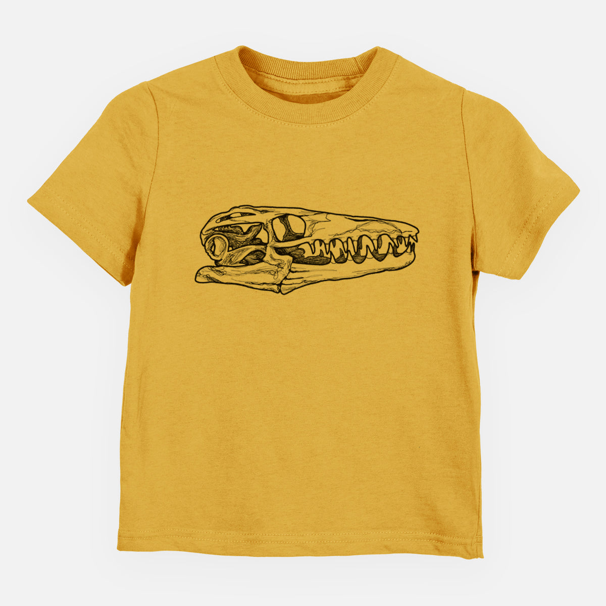 Honeycomb yellow toddler t-shirt laid flat, printed with a detailed black ink illustration of a Mosasaur skull.