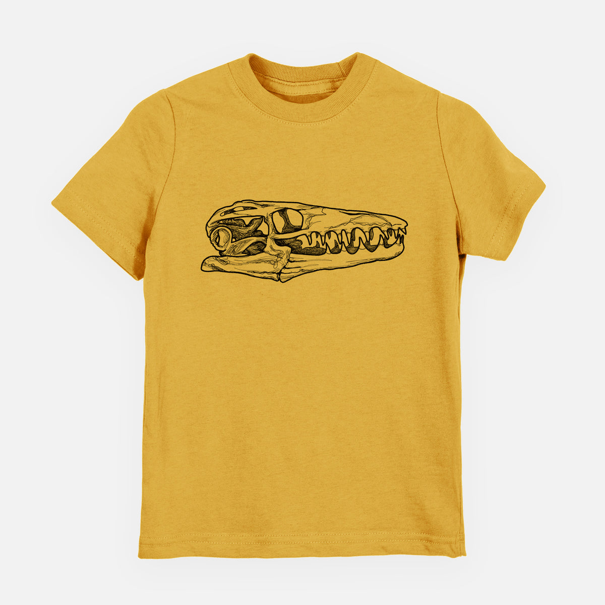 Honeycomb yellow youth t-shirt laid flat, printed with a detailed black ink illustration of a Mosasaur skull.