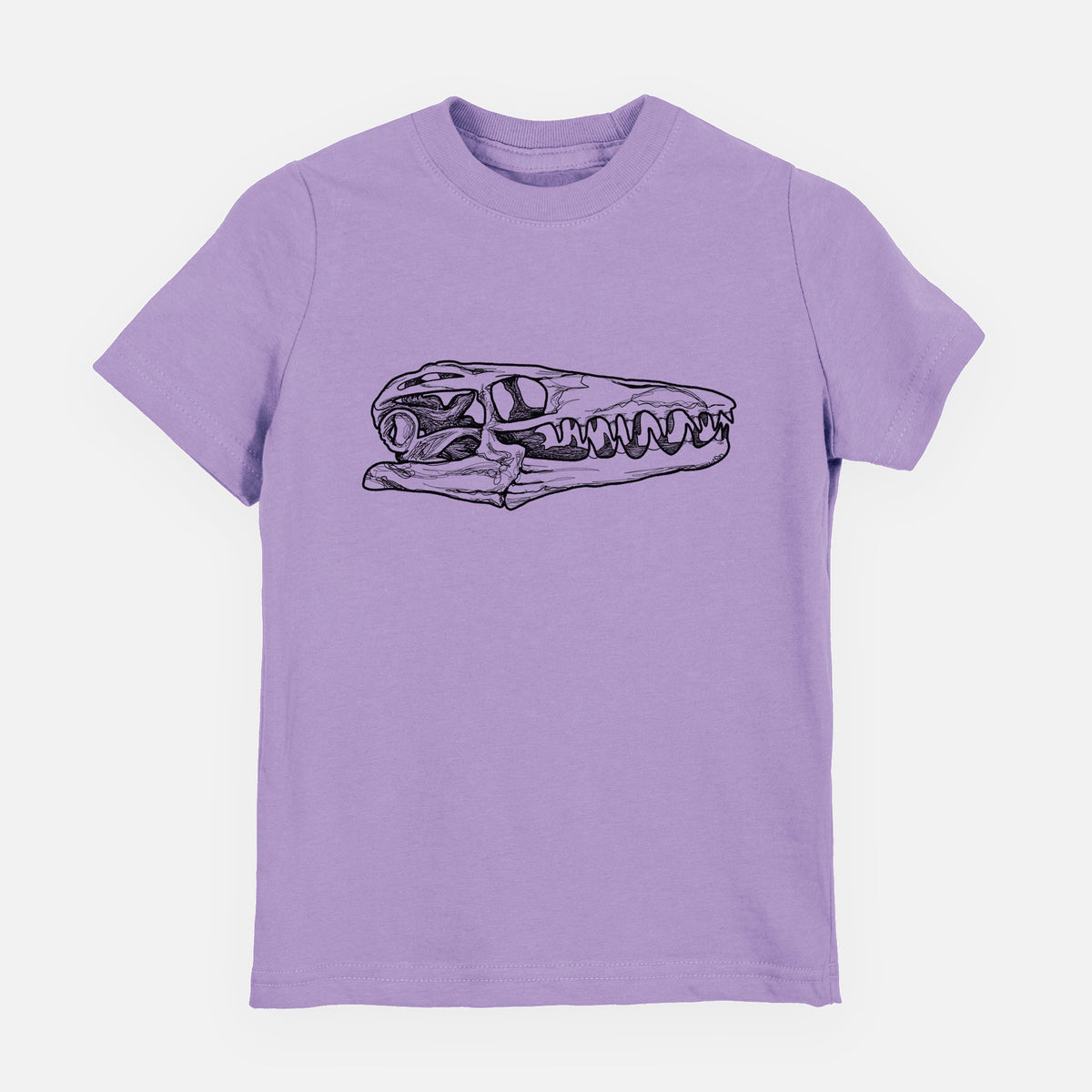 Lavender youth t-shirt laid flat, printed with a detailed black ink illustration of a Mosasaur skull.