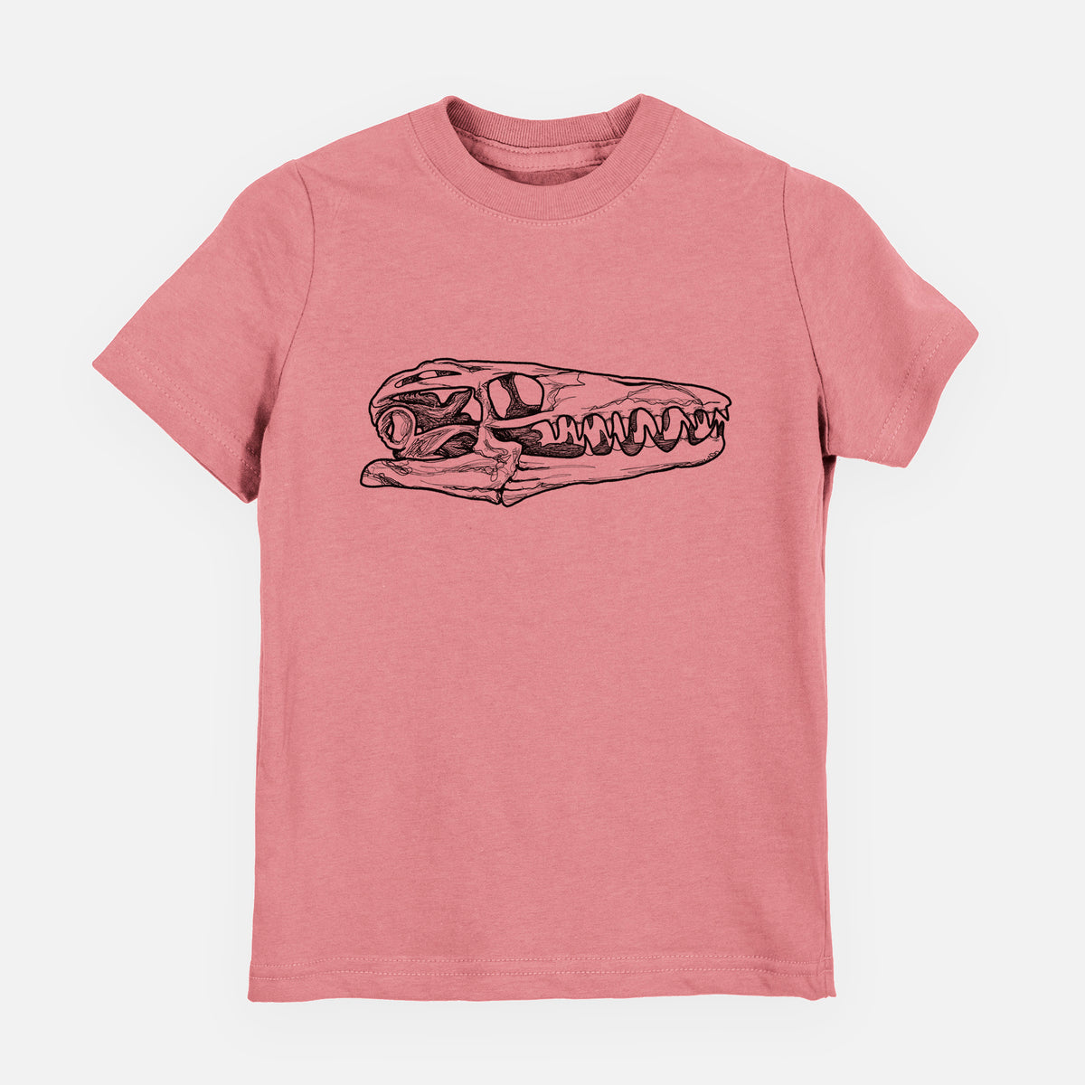 Mauve pink youth t-shirt laid flat, printed with a detailed black ink illustration of a Mosasaur skull.